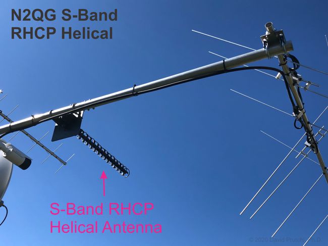 2.4 GHz ham-band RHCP antenna mounted on my existing VHF/UHF Az/El array (c)2020 David Prutchi PhD N2QG