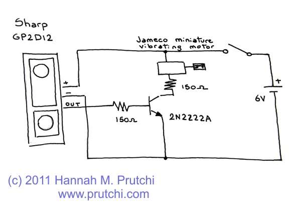 Circuit schematic diagram of SharkVision obstacle detector for the blind by Hannah Prutchi www.prutchi.com