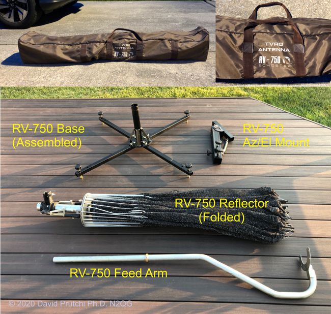 The EchoStar RV-750 comes in a carry bag. It can be assembled and deployed in lessa than 10 minutes (c)2020 David Prutchi PhD N2QG